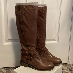 Steve Madden brown knee-high riding boots with buckle-detailing